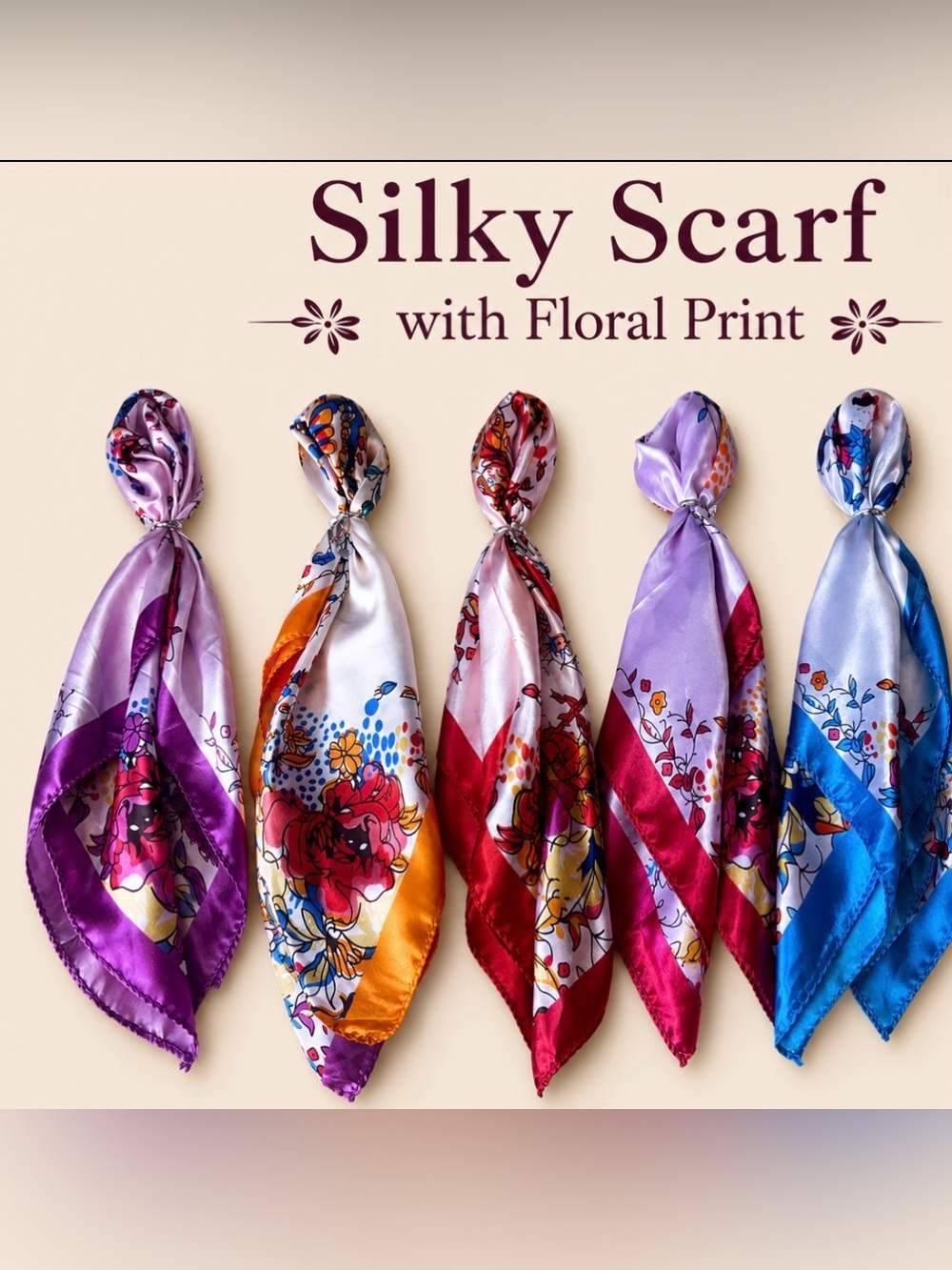 Silky Floral Print Scarf - Purple, Pink, Red, Blue, Gold/orange - Choose One